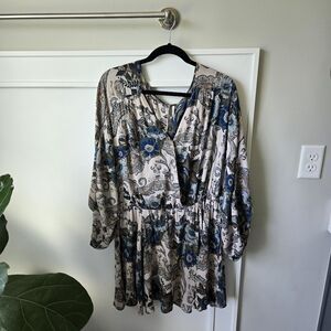 Free People High Plains Boho Ballon Sleeve Mini Dress in Paisley Print, Large